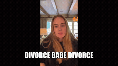 A Woman With Long Blonde Hair Is Standing In A Room With The Words Divorce Babe Divorce Below Her GIF