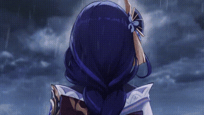 A Woman With Long Blue Hair Is Standing In The Rain Looking At The Sky . GIF