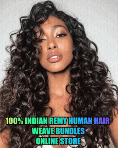 A Woman With Long Curly Hair And The Words 100 % Indian Remy Human Hair Weave Bundles Online Store Below Her GIF