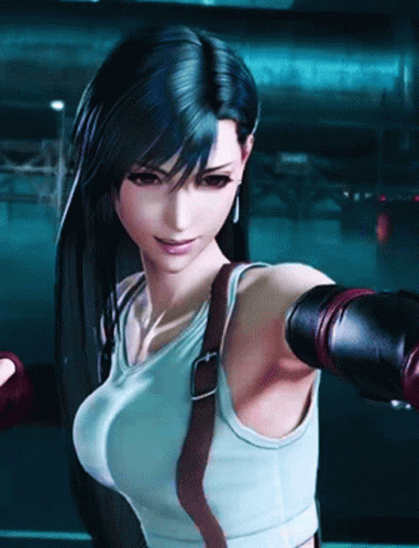 A Woman With Long Dark Hair Is Wearing A White Tank Top And Black Gloves GIF