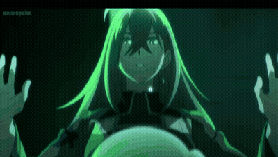 A Woman With Long Green Hair Is Standing In A Dark Room With Her Hands Outstretched . GIF