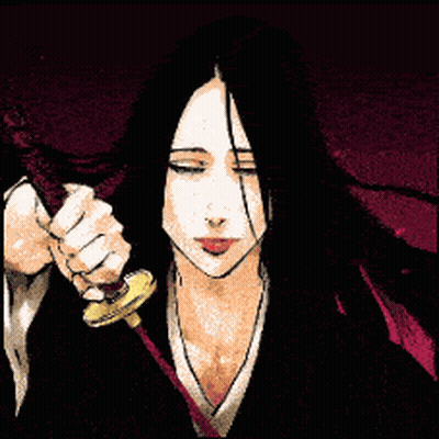 A Woman With Long Hair Is Holding A Sword In Her Hand GIF