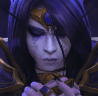 A Woman With Long Purple Hair Is Holding A Cross In Her Hands GIF