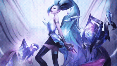 A Woman With Long Purple Hair Is Standing In Front Of A Purple Background . GIF