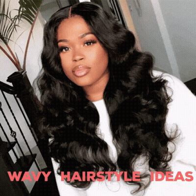 A Woman With Long Wavy Hair Is Wearing A White Shirt With The Words Wavy Hairstyle Ideas Above Her GIF
