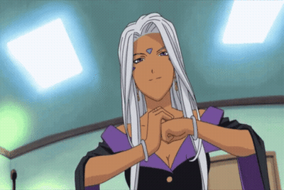 A Woman With Long White Hair And A Blue Diamond On Her Forehead Holds Her Hands Together GIF