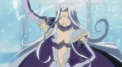 A Woman With Long White Hair And A Purple Dress Is Standing In Front Of A Window GIF