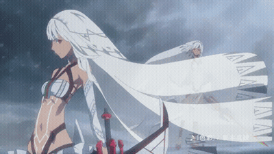 A Woman With Long White Hair Is Holding A Sword In Her Hand GIF