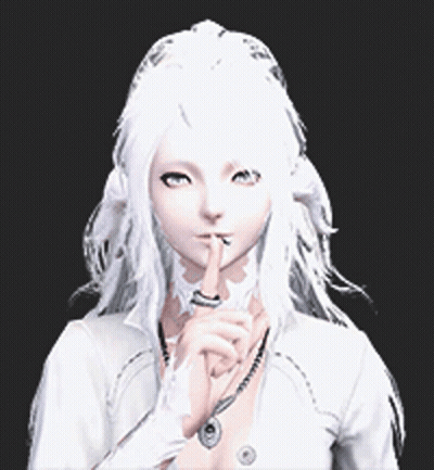 A Woman With Long White Hair Is Holding Her Finger To Her Lips GIF