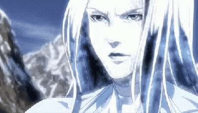 A Woman With Long White Hair Is Standing In Front Of A Mountain In A Pixel Art . GIF