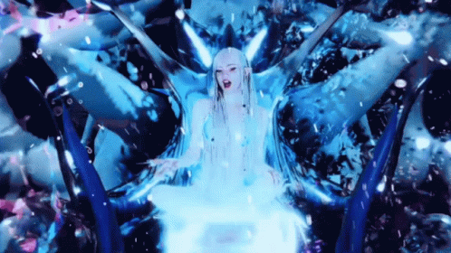 A Woman With Long White Hair Is Surrounded By Blue And Pink Lights . GIF
