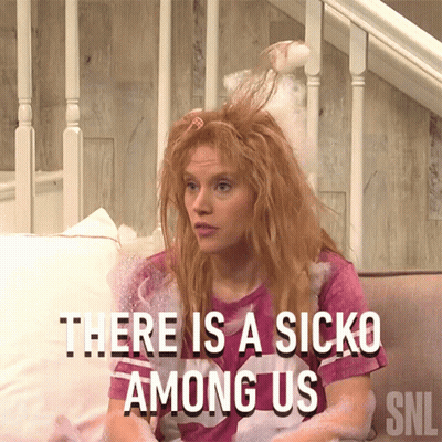 A Woman With Messy Hair Sits On A Couch With The Words There Is A Sicko Among Us GIF