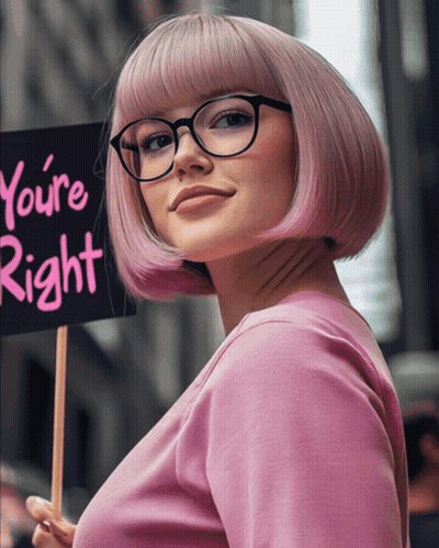 A Woman With Pink Hair And Glasses Holds A Sign That Says You 'Re Right GIF