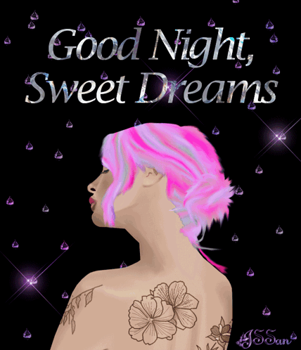 A Woman With Pink Hair Has A Tattoo On Her Back And The Words Good Night Sweet Dreams GIF
