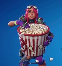A Woman With Pink Hair Is Holding A Bucket Of Popcorn . GIF