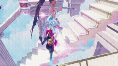 A Woman With Pink Hair Is Holding A Spear In A Video Game Scene GIF