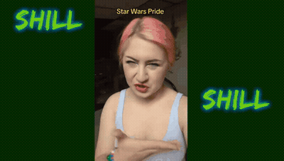 A Woman With Pink Hair Is Standing In Front Of A Sign That Says Shill GIF
