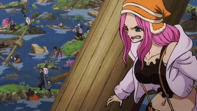 A Woman With Pink Hair Is Standing Next To A Wooden Pole GIF