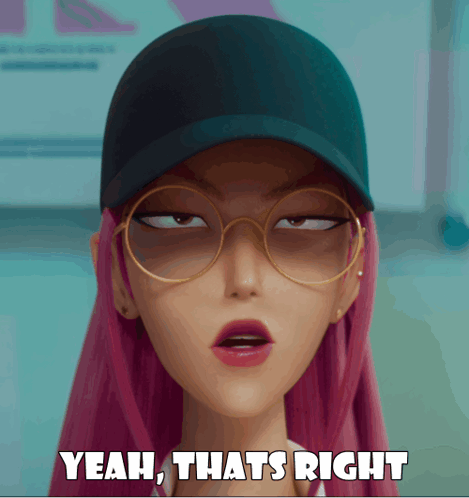 A Woman With Pink Hair Is Wearing A Hat And Glasses And Says " Yeah That 'S Right " GIF