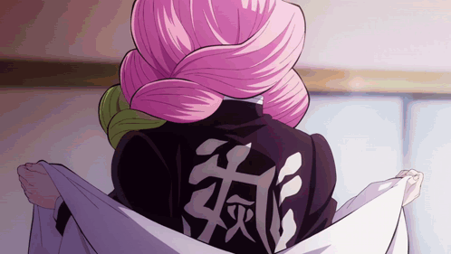 A Woman With Pink Hair Is Wearing A Jacket With Chinese Writing On It . GIF