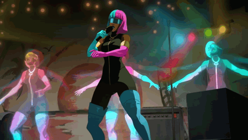 A Woman With Pink Hair Singing Into A Microphone On Stage GIF