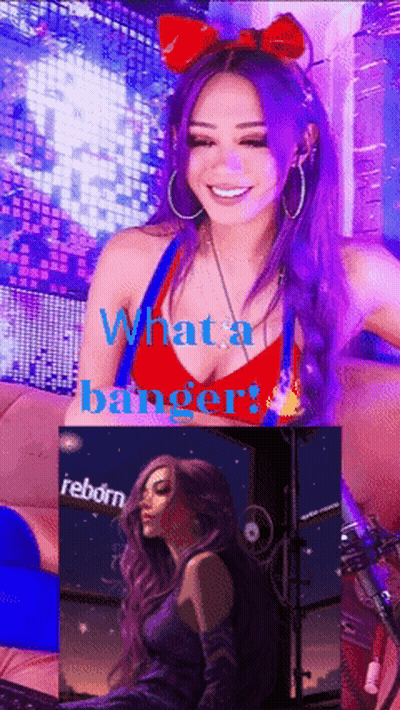 A Woman With Purple Hair And A Red Top With The Words What A Banger GIF