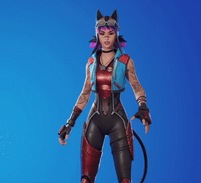 A Woman With Purple Hair And Cat Ears Is Holding A Gun And A Cane . GIF