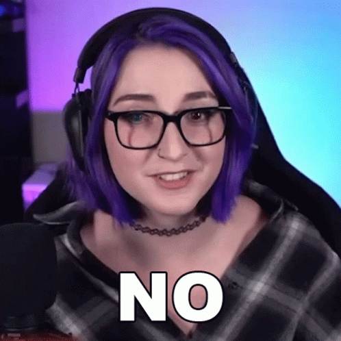 A Woman With Purple Hair And Glasses Is Wearing Headphones And Says No GIF