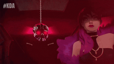 A Woman With Purple Hair And Pink Sunglasses Is Standing In A Dark Room With #Kda Written Above Her GIF