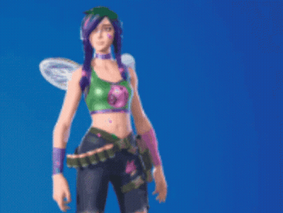 A Woman With Purple Hair And Wings Is Standing In Front Of A Blue Background In A Video Game . GIF