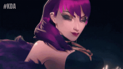 A Woman With Purple Hair Has The Hashtag #Kda On The Bottom Right GIF