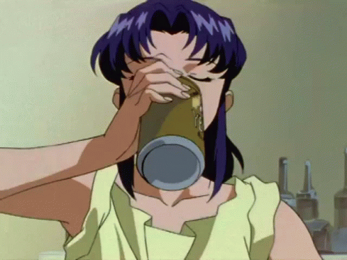 A Woman With Purple Hair Is Drinking From A Can With Her Eyes Closed GIF