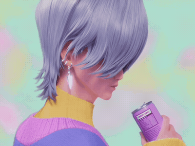 A Woman With Purple Hair Is Holding A Can Of Soda That Says " Today 'S Tea " On The Label GIF