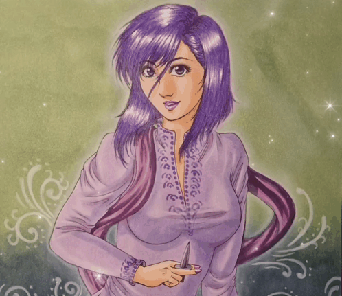 A Woman With Purple Hair Is Holding A Knife GIF