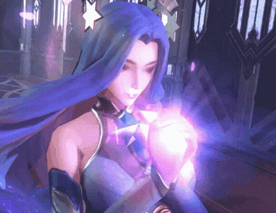 A Woman With Purple Hair Is Holding A Purple Object GIF