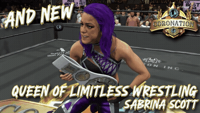 A Woman With Purple Hair Is In A Wrestling Ring With The Words Queen Of Limitless Wrestling Sabrina Scott Above Her GIF