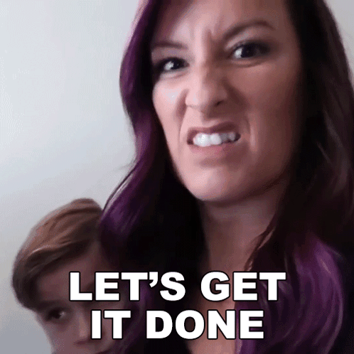 A Woman With Purple Hair Is Making An Angry Face And Says `` Let 'S Get It Done '' . GIF