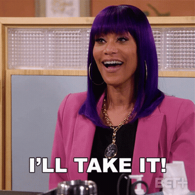 A Woman With Purple Hair Is Smiling And Says I 'Ll Take It GIF