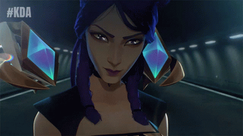 A Woman With Purple Hair Is Standing In A Dark Tunnel With #Kda Written On The Bottom Right GIF