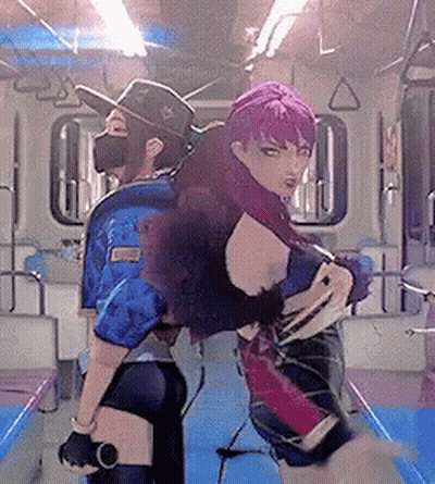 A Woman With Purple Hair Is Standing Next To Another Woman In A Mask GIF