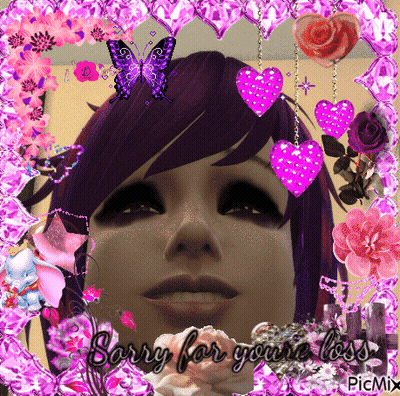 A Woman With Purple Hair Is Surrounded By Pink Flowers And Hearts And Says Sorry For Your Loss GIF