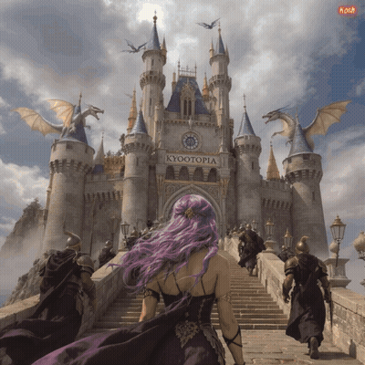 A Woman With Purple Hair Is Walking Up Stairs Towards A Castle Called Kyotopia GIF
