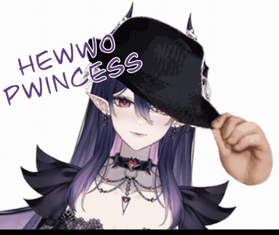 A Woman With Purple Hair Is Wearing A Black Hat That Says Hewwo Pwiness GIF