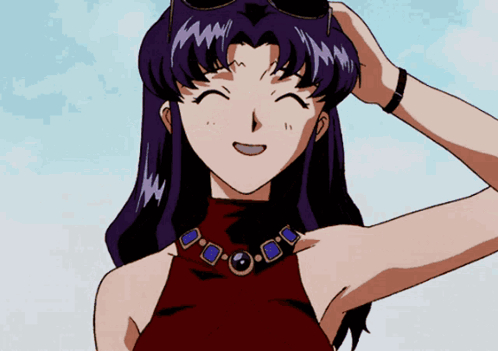 A Woman With Purple Hair Is Wearing A Red Top And A Necklace GIF