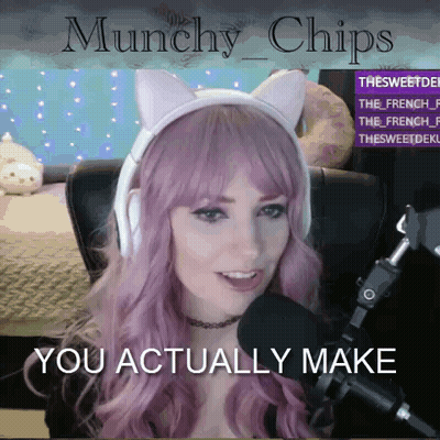 A Woman With Purple Hair Is Wearing Headphones And A Cat Ear Headband And Says " You Actually Make " GIF