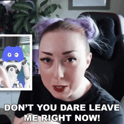 A Woman With Purple Hair Says " Do N't You Dare Leave Me Right Now " In Front Of A Picture Of A Robot GIF