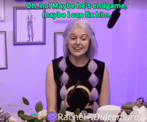 A Woman With Purple Hair Says Oh No Maybe He 'S Endgame Maybe I Can Fix Him . GIF