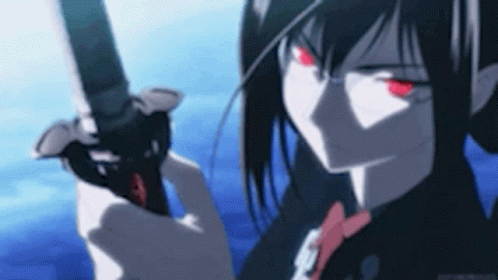 A Woman With Red Eyes Is Holding A Sword In Her Hand GIF