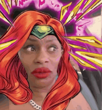 A Woman With Red Hair And A Green Headband Is Wearing A Comic Book Character Costume . GIF
