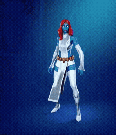 A Woman With Red Hair And Blue Eyes Is Standing On A Blue Background In A Superhero Costume . GIF